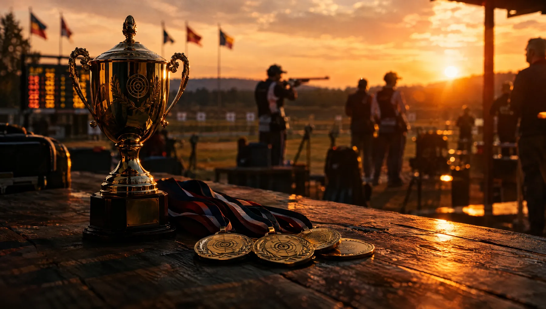 Taça e medalhas de campeonato sobre uma mesa de madeira, com atiradores ao fundo no fim da tarde