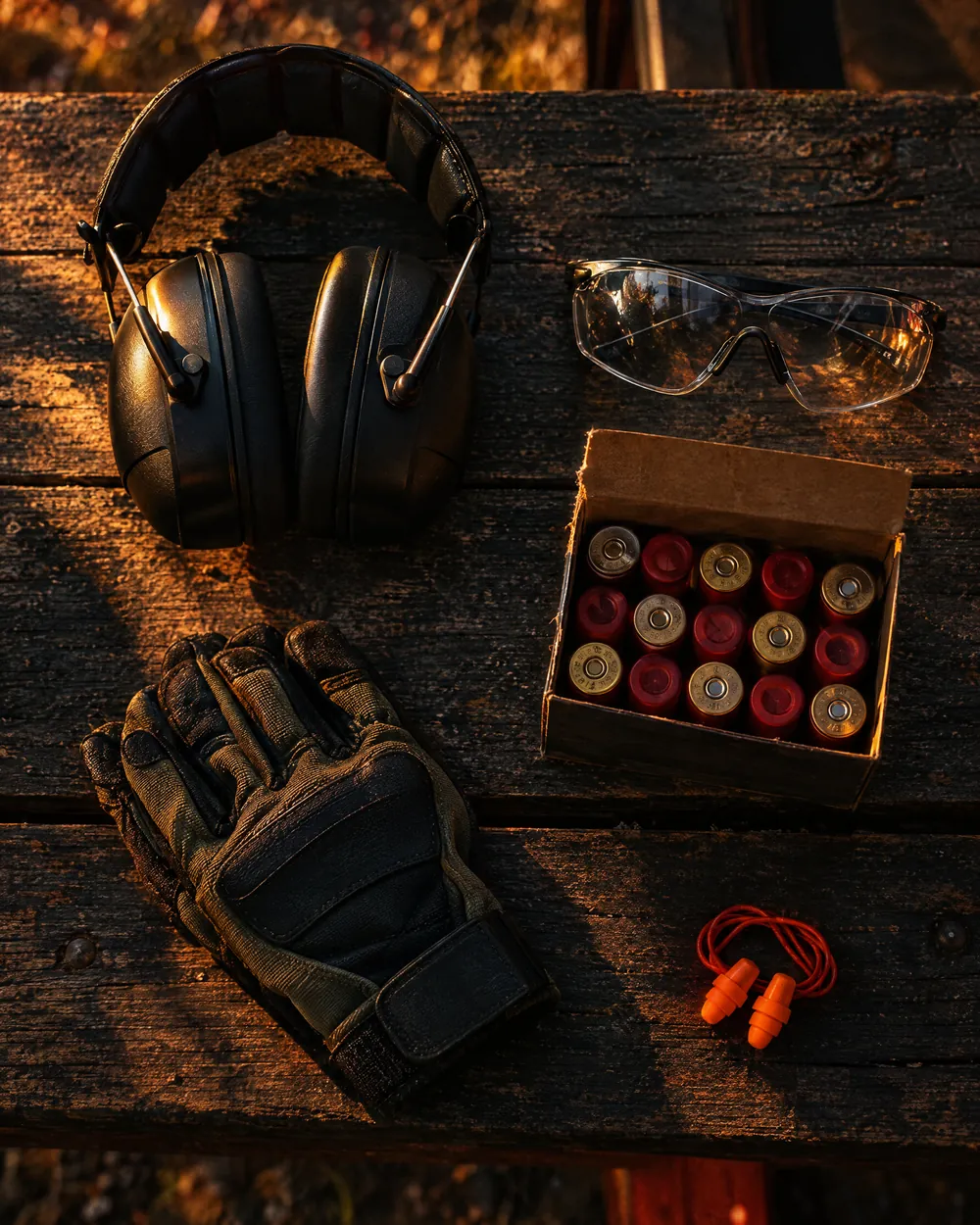Equipamentos de segurança para tiro: protetor auricular, óculos, luvas e munição sobre uma bancada de madeira